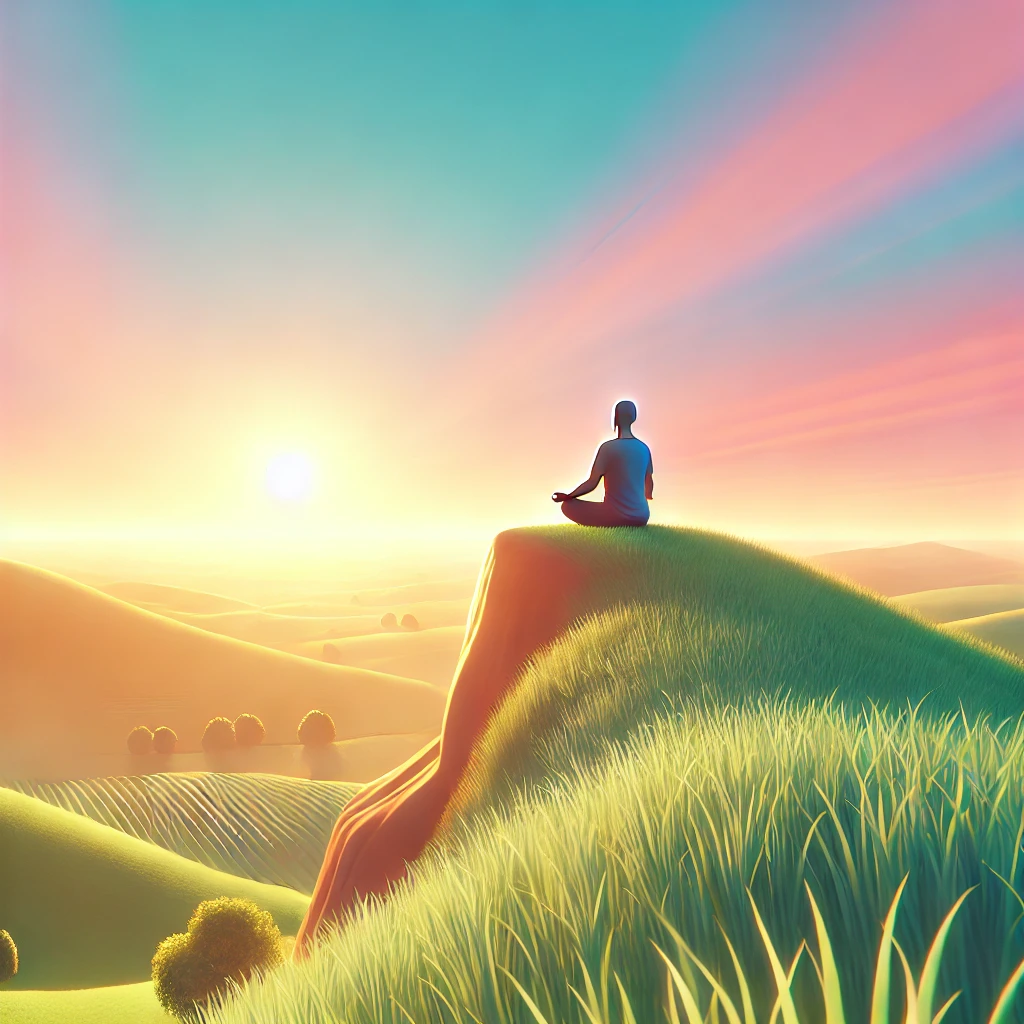 DALL·E 2024 09 06 20.19.02 A serene and calming feature image for a blog post about the importance of mental health and self care. The image shows a person meditating on a hillt