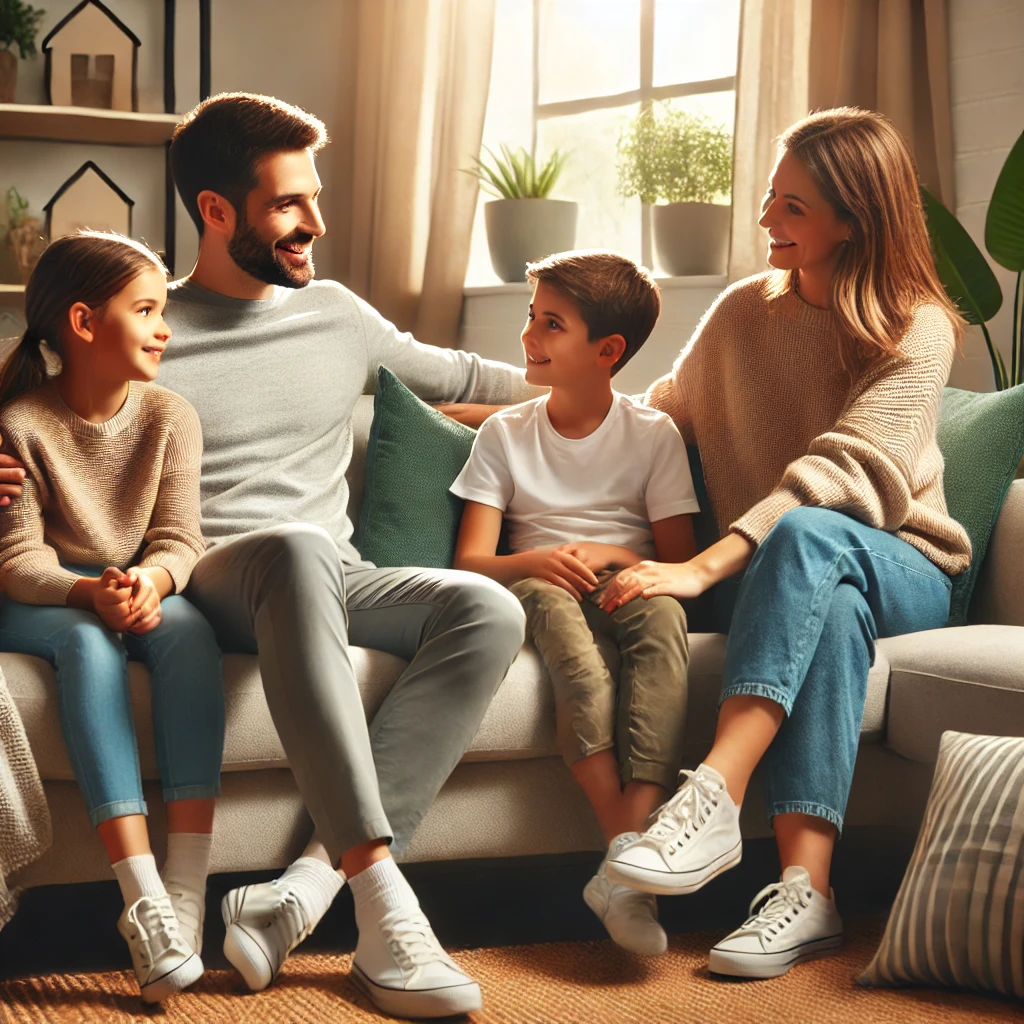DALL·E 2024 09 06 20.19.04 A cozy and inviting feature image for a blog post about family therapy. The image shows a family sitting together on a comfortable sofa in a modern l
